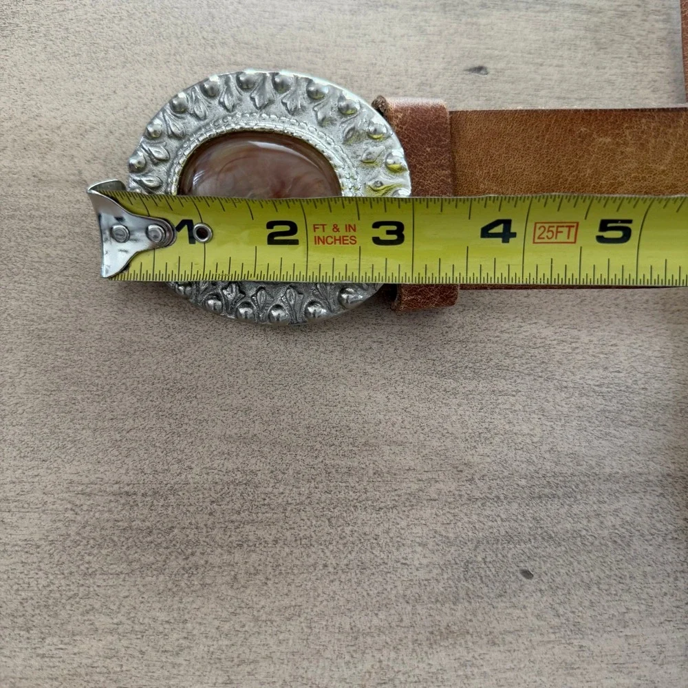 Vintage Brazilian Leather Belt Silvertone Oval Buckle Agate Stone Tan Western L